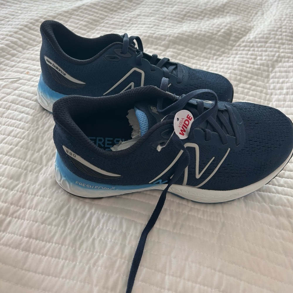 Navy and blue New Balance sneakers.  Extra wide.  Never worn!